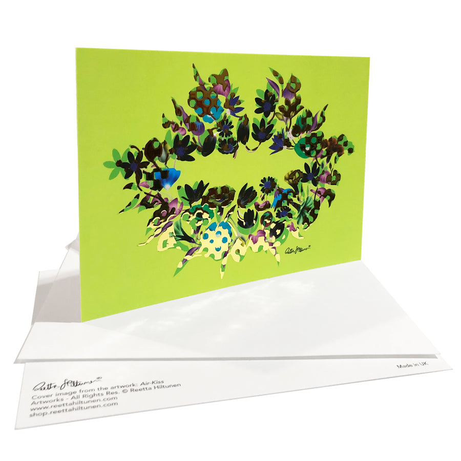 Art Postcard - Air-Kiss (lime green-foil-floral1) - shop.reettahiltunen.com