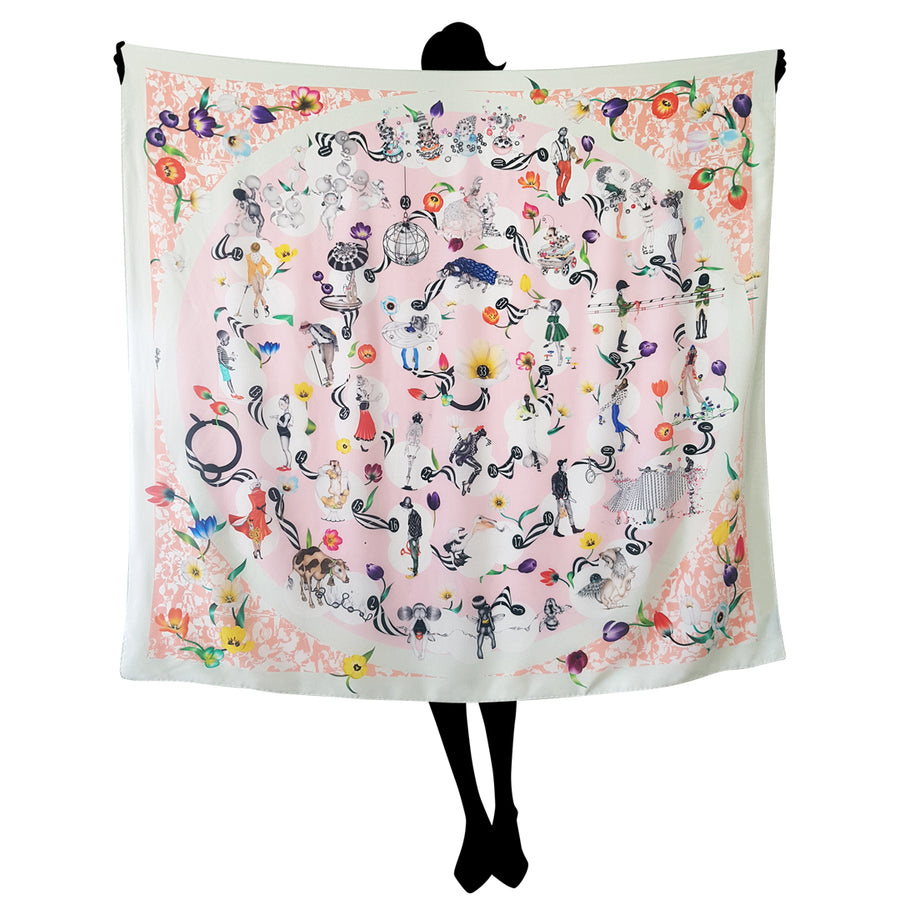 The Spiral of Ethics (pink) large art silk scarf by Reetta Hiltunen 
