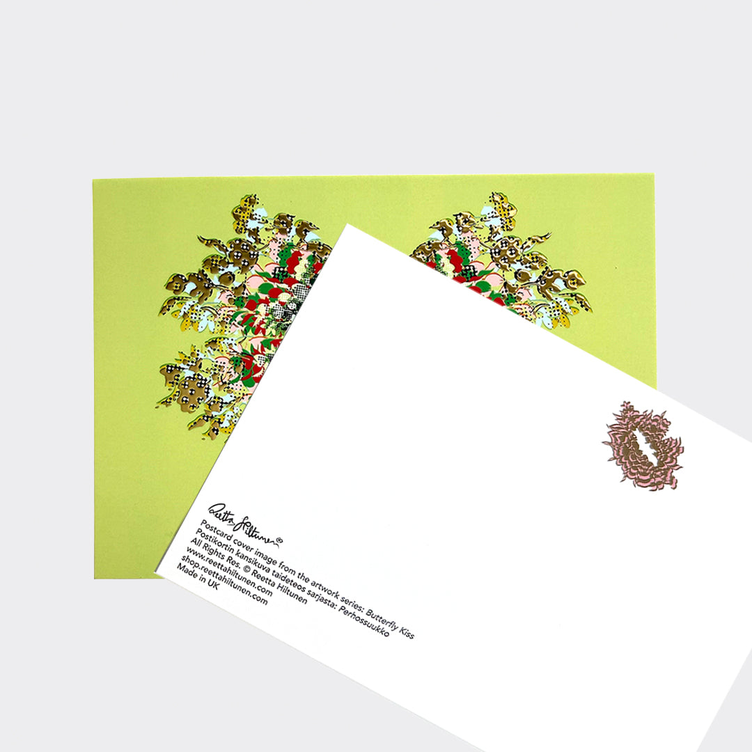 Butterfly Kiss – Art Postcard (Light Yellow, Foil) - shop.reettahiltunen.com