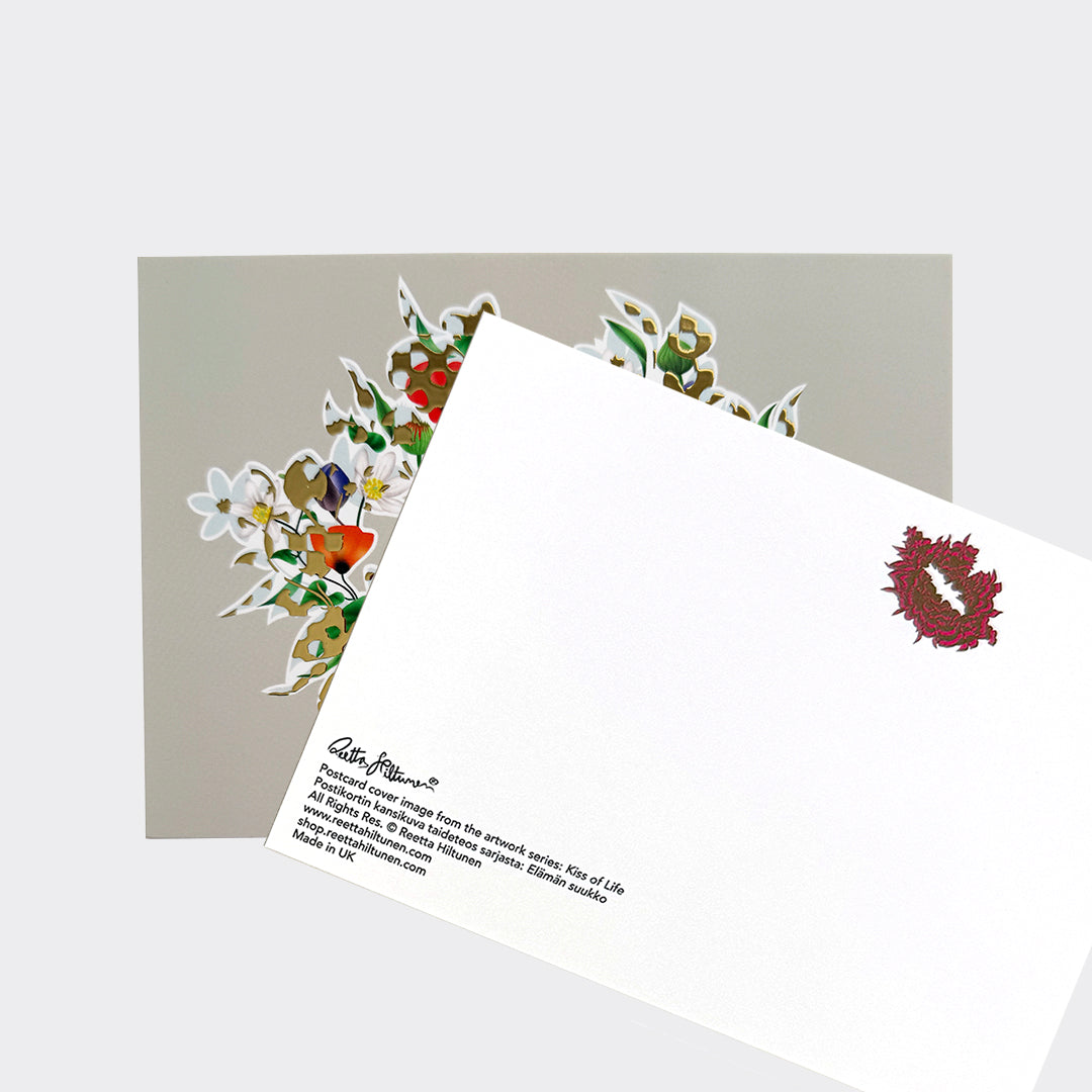 Kiss of Life – Postcard (Floral1, Beige, Foil) - shop.reettahiltunen.com