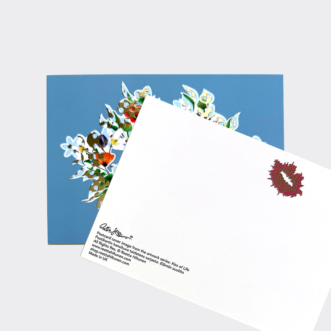 Kiss of Life – Art Postcard (Blue, Floral1, Foil) - shop.reettahiltunen.com