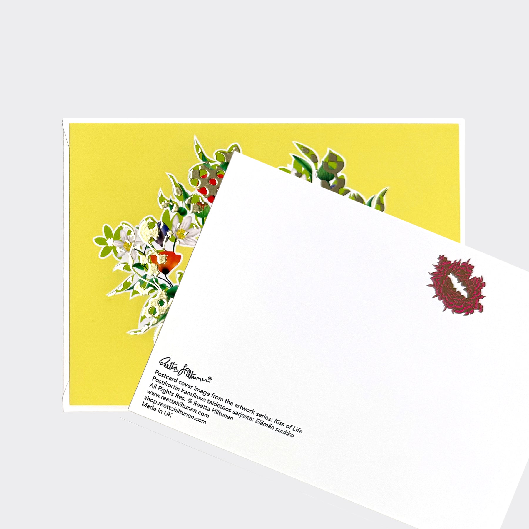 Kiss of Life – Postcard (Floral1, Yellow, Foil) - shop.reettahiltunen.com