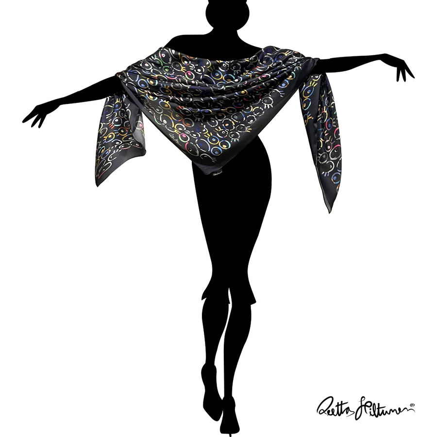 All the Eyes On Me (black) silk scarf by Reetta Hiltunen