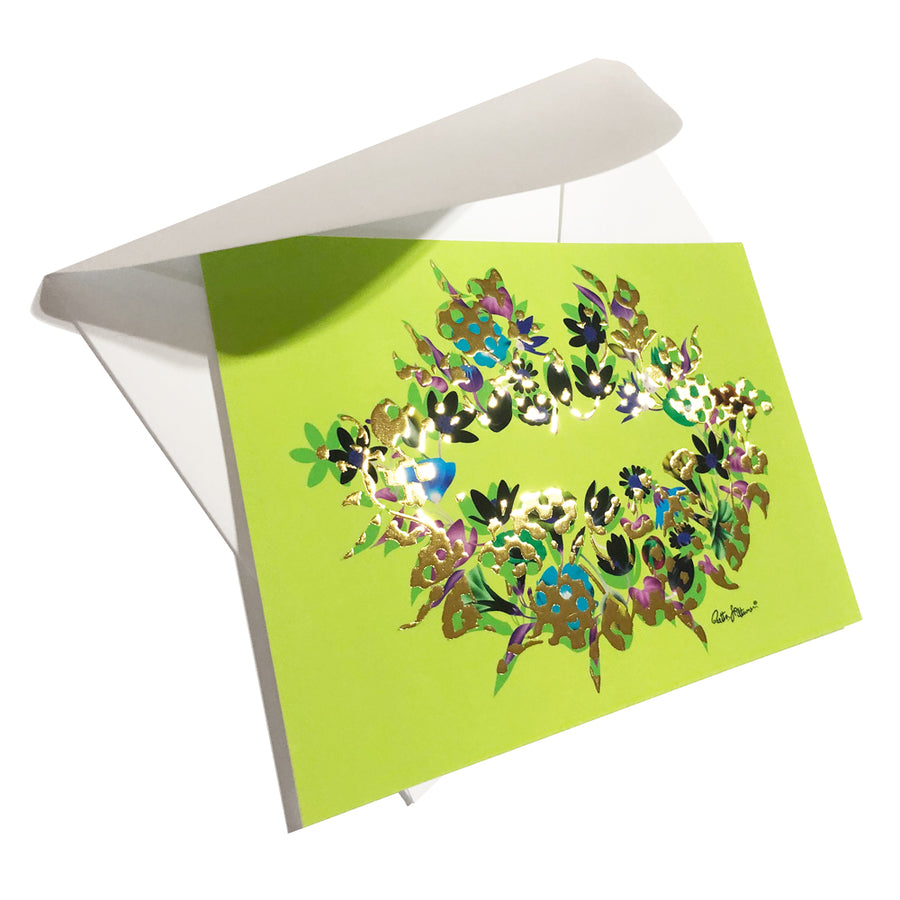 Art Postcard - Air-Kiss (lime green-foil-floral1) - shop.reettahiltunen.com