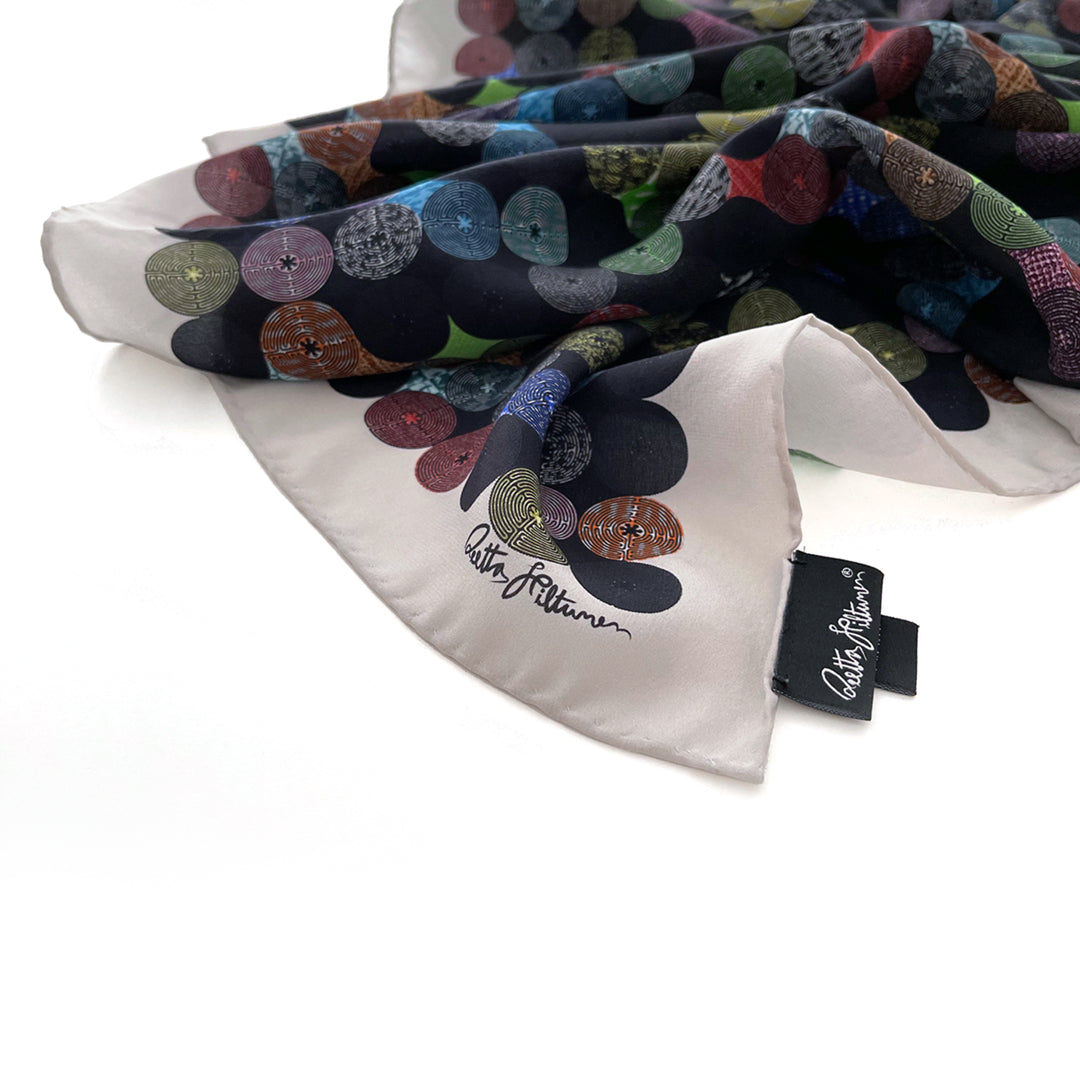 Labyrinth (silver border) - Silk Scarf - shop.reettahiltunen.com