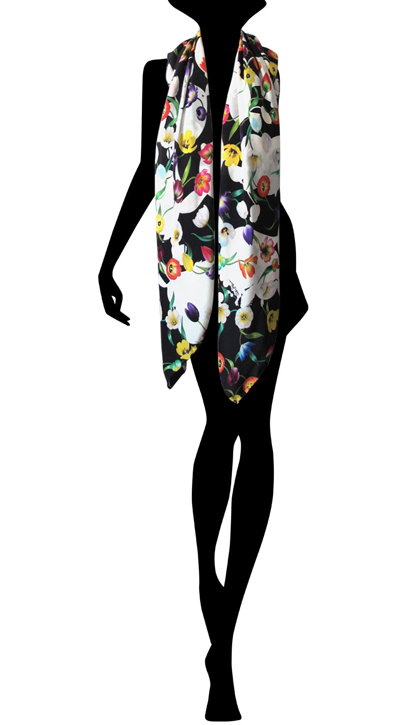 The Spiral of Life  (black/white) art silk scarf by Reetta Hiltunen
