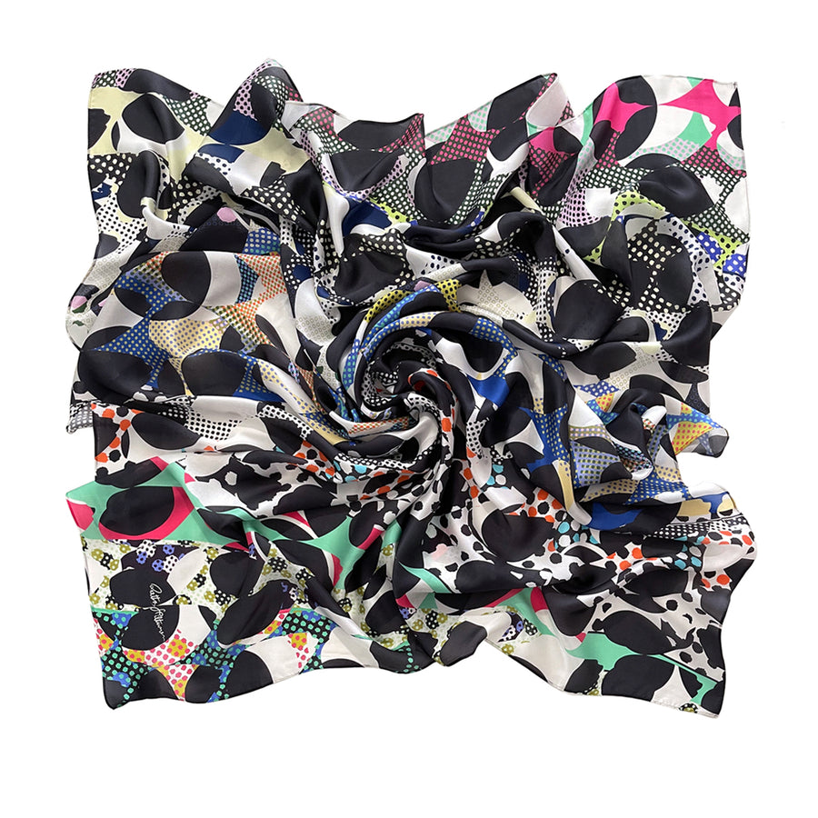 Floral Rhythmic Dots (black/white) art silk scarf by Reetta Hiltunen