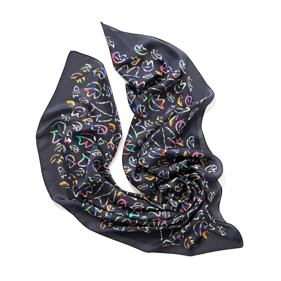 Many Faces (black) large art silk scarf by Reetta Hiltunen